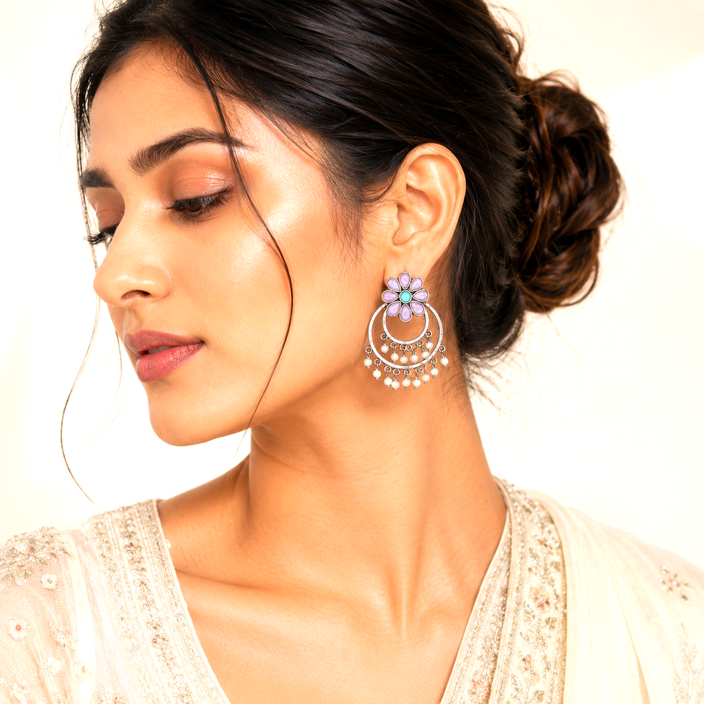 Raannii Earrings Purple Flower Pearl Hoop Drop Earrings for Women