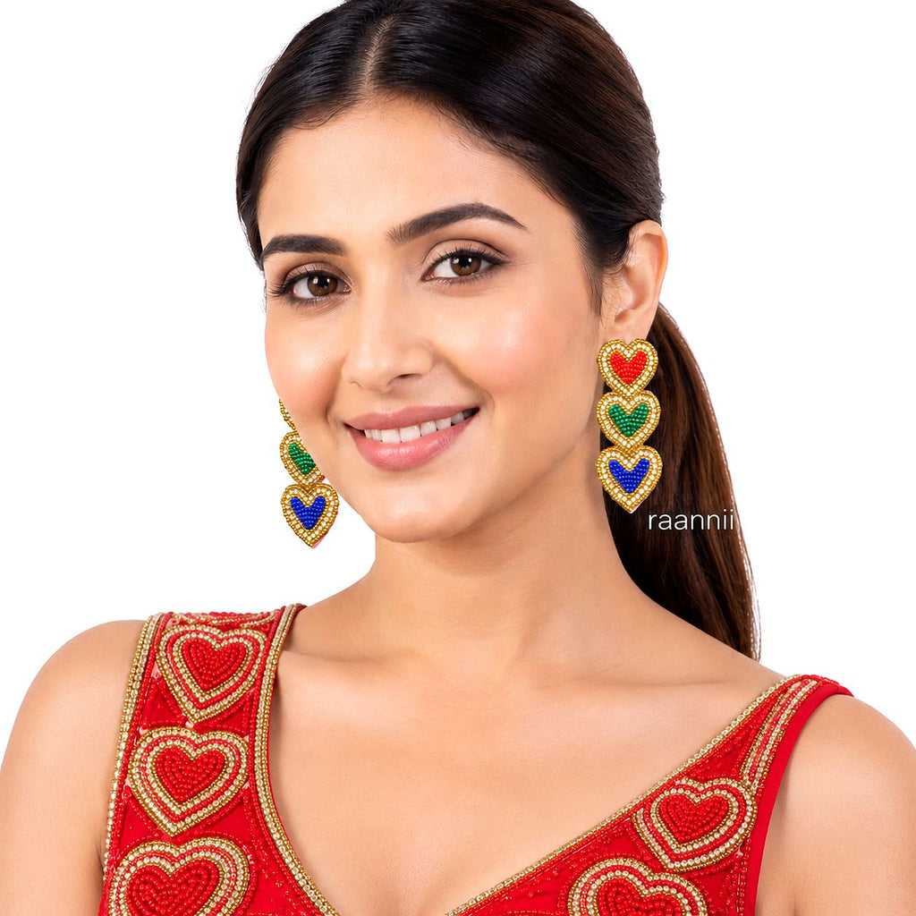 Raannii Multicolor Heart Beaded Statement Earrings