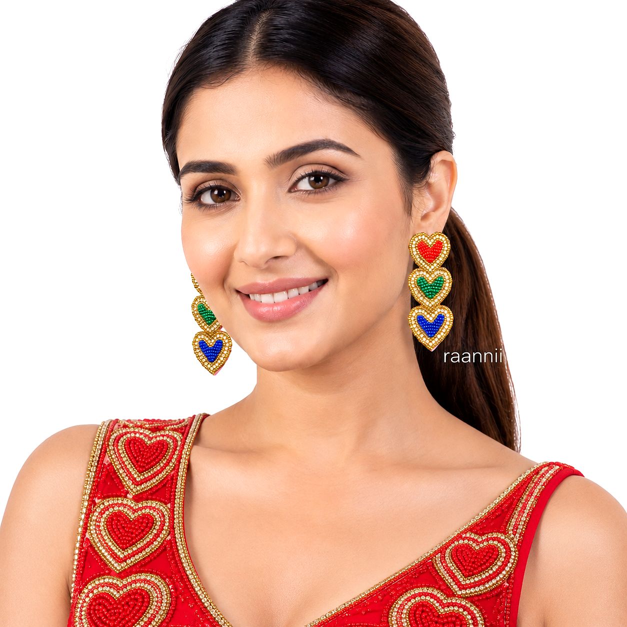 Raannii Multicolor Heart Beaded Statement Earrings