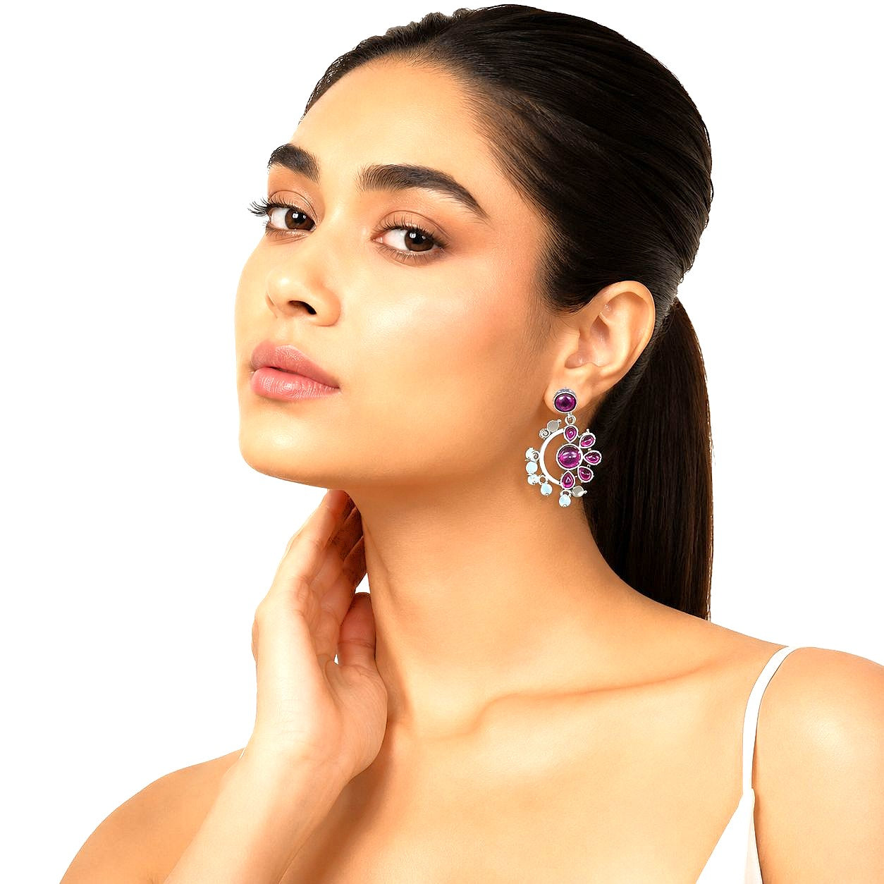 Raannii Earrings Purple Stone Pearl Drop Oxidised Statement Earrings for Women