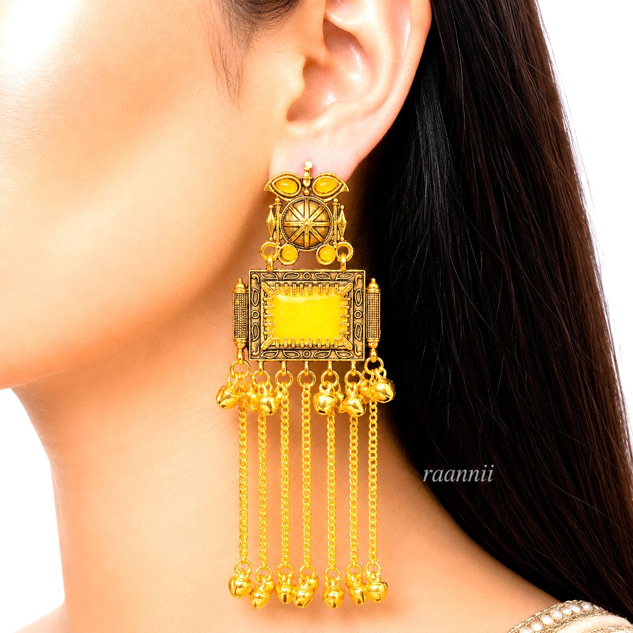 Raannii Earrings – Gold Plated Red Stone Traditional Dangler Earrings with Chain Tassels