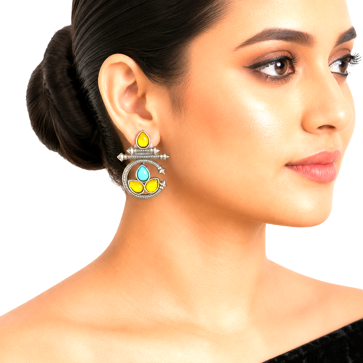 Raannii Earrings Yellow & Sky Blue Stone Oxidised Stud Earrings for Women