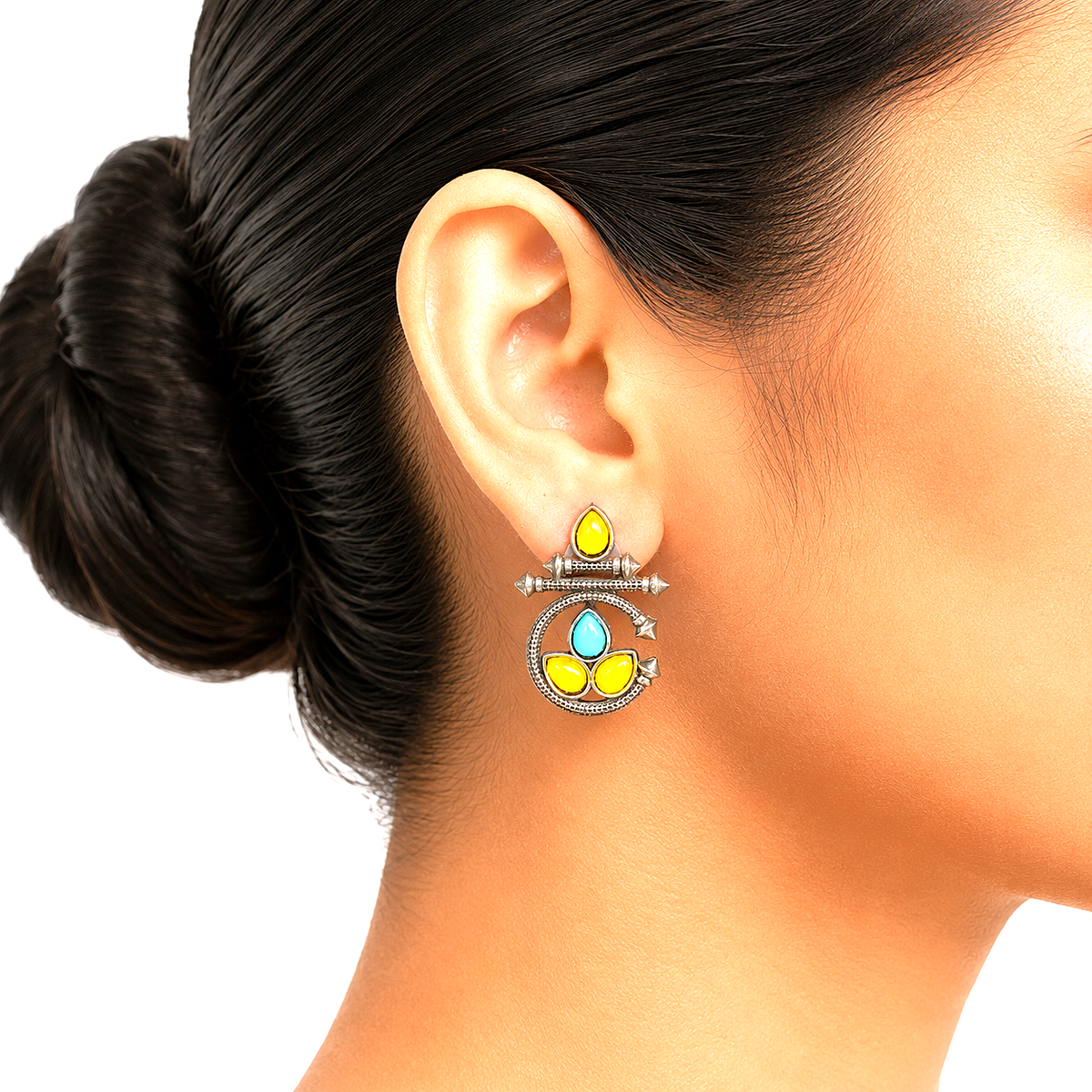 Raannii Earrings Yellow & Sky Blue Stone Oxidised Stud Earrings for Women