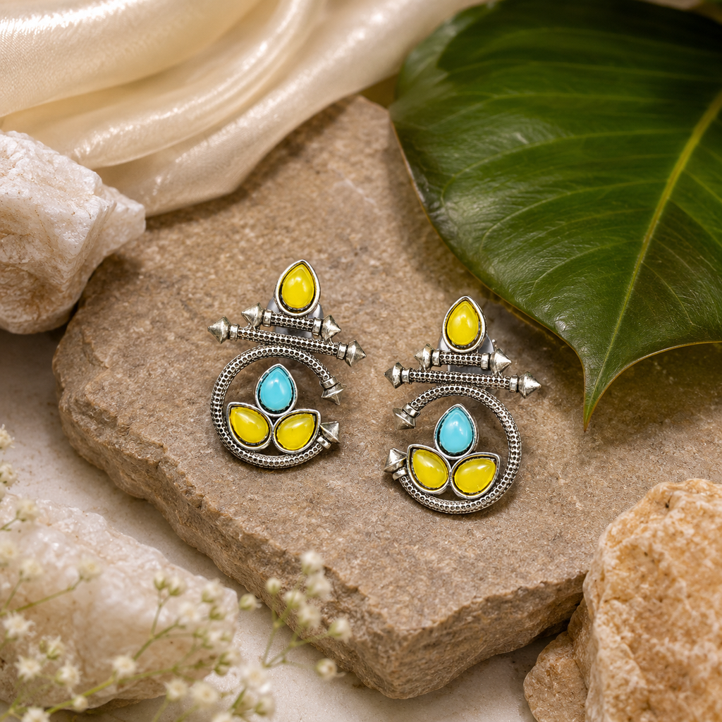 Raannii Earrings Yellow & Sky Blue Stone Oxidised Stud Earrings for Women