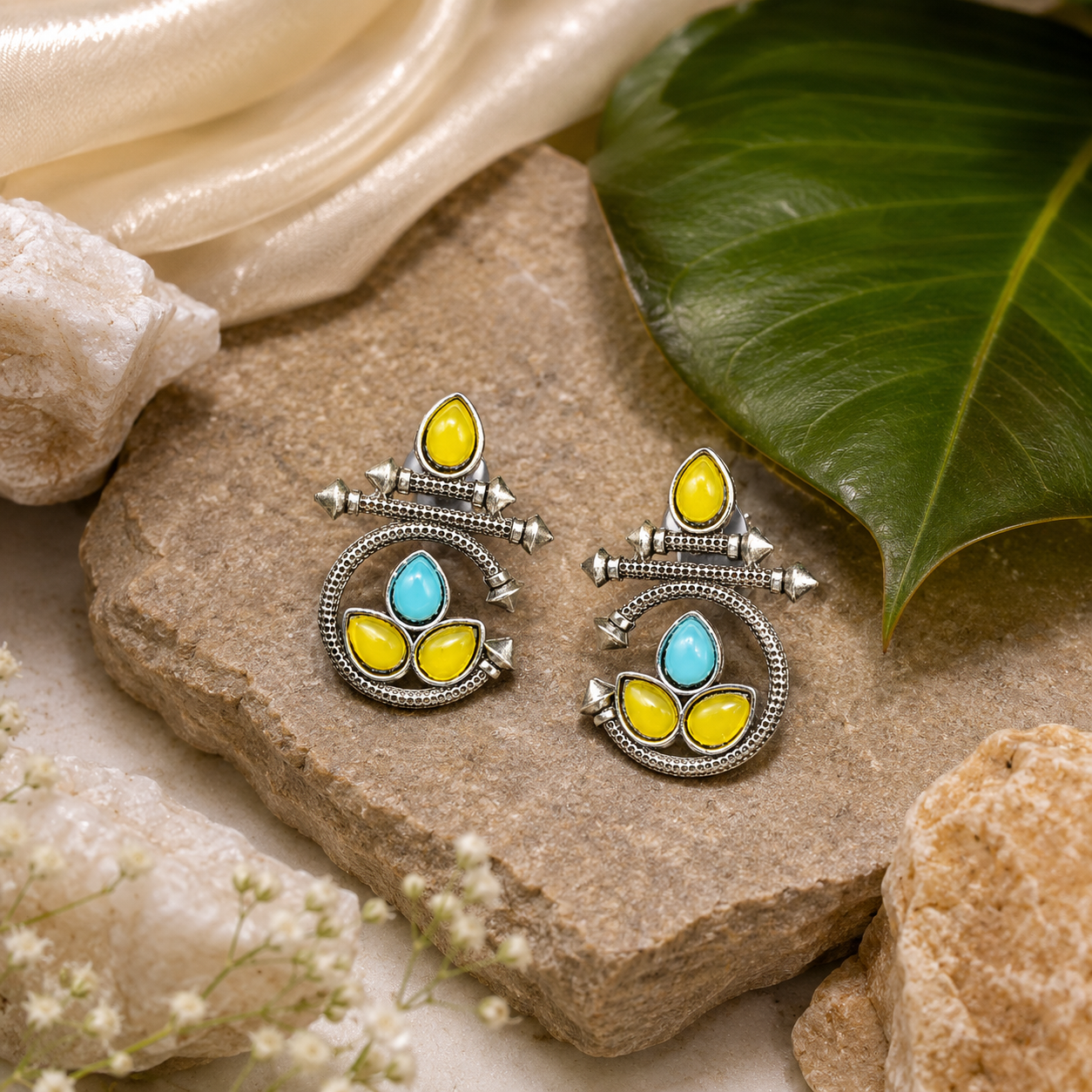 Raannii Earrings Yellow & Sky Blue Stone Oxidised Stud Earrings for Women