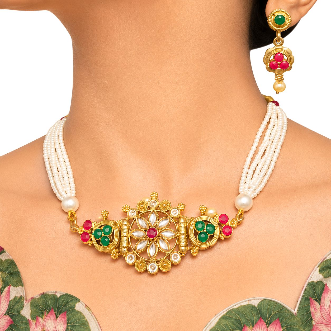 Raannii Floral Pearl Choker Necklace Set