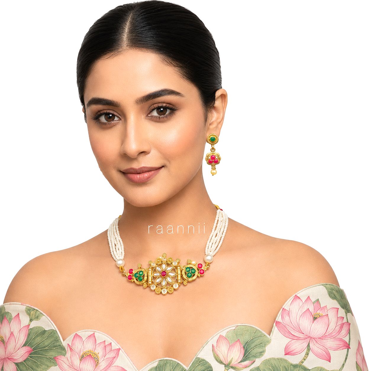 Raannii Floral Pearl Choker Necklace Set