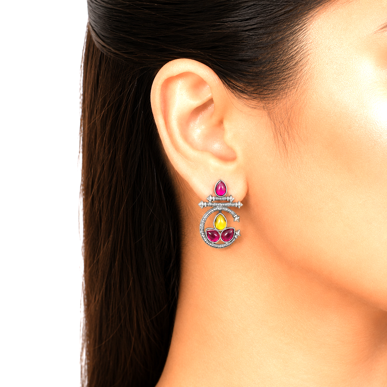 Raannii Earrings Yellow & Sky Blue Stone Oxidised Stud Earrings for Women