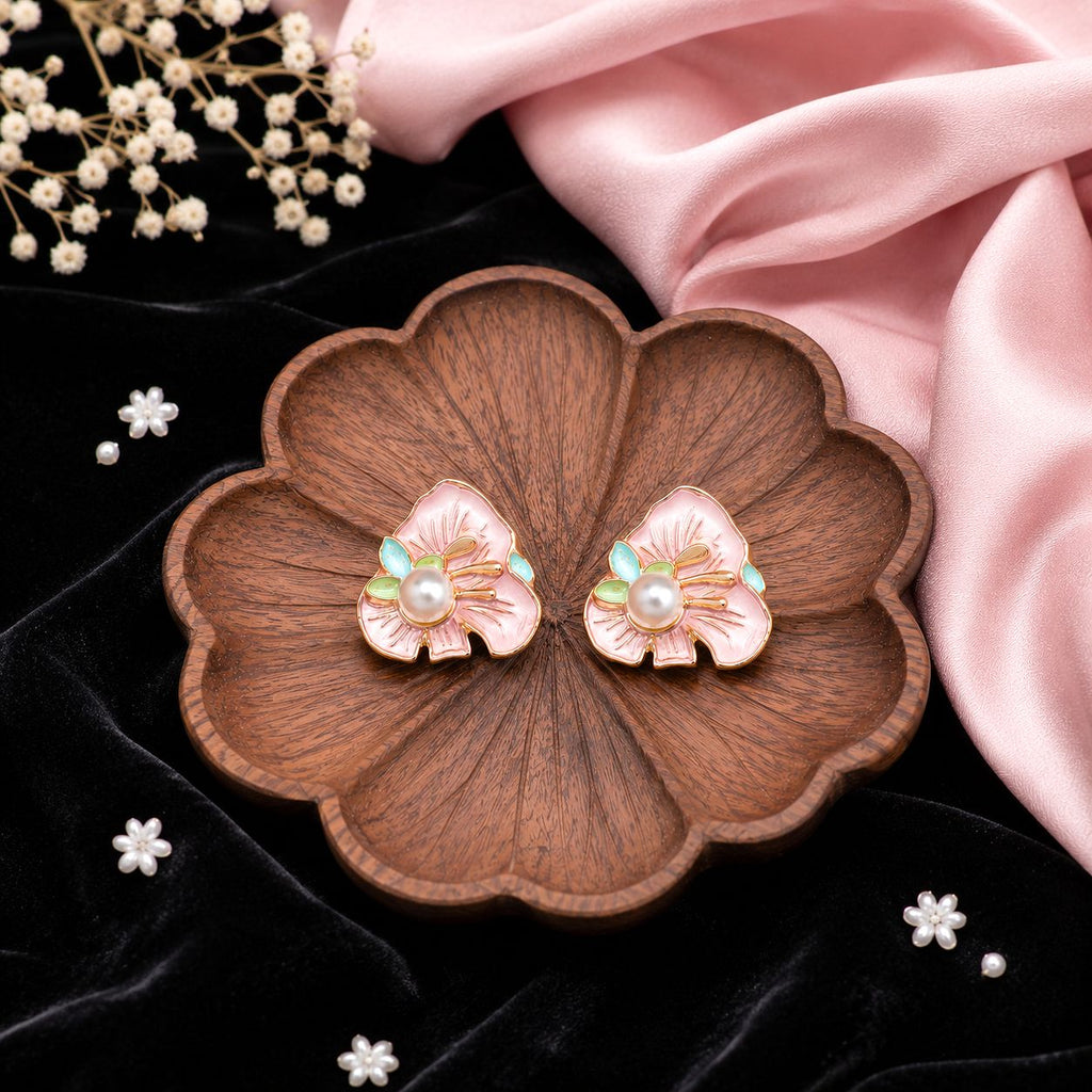 Raannii Pink Floral Pearl Statement Earrings for Women