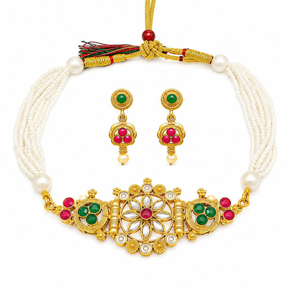 Raannii Floral Pearl Choker Necklace Set