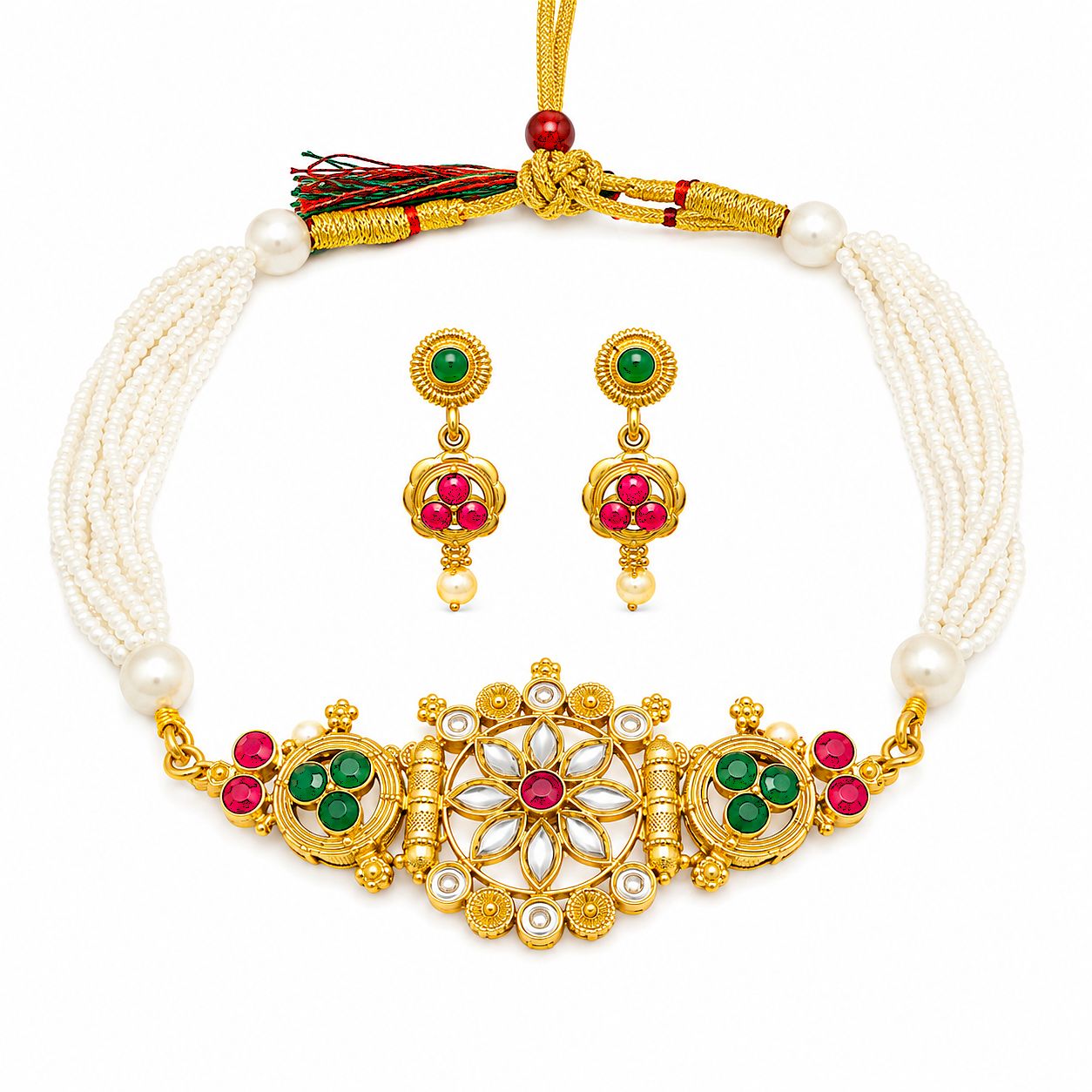 Raannii Floral Pearl Choker Necklace Set