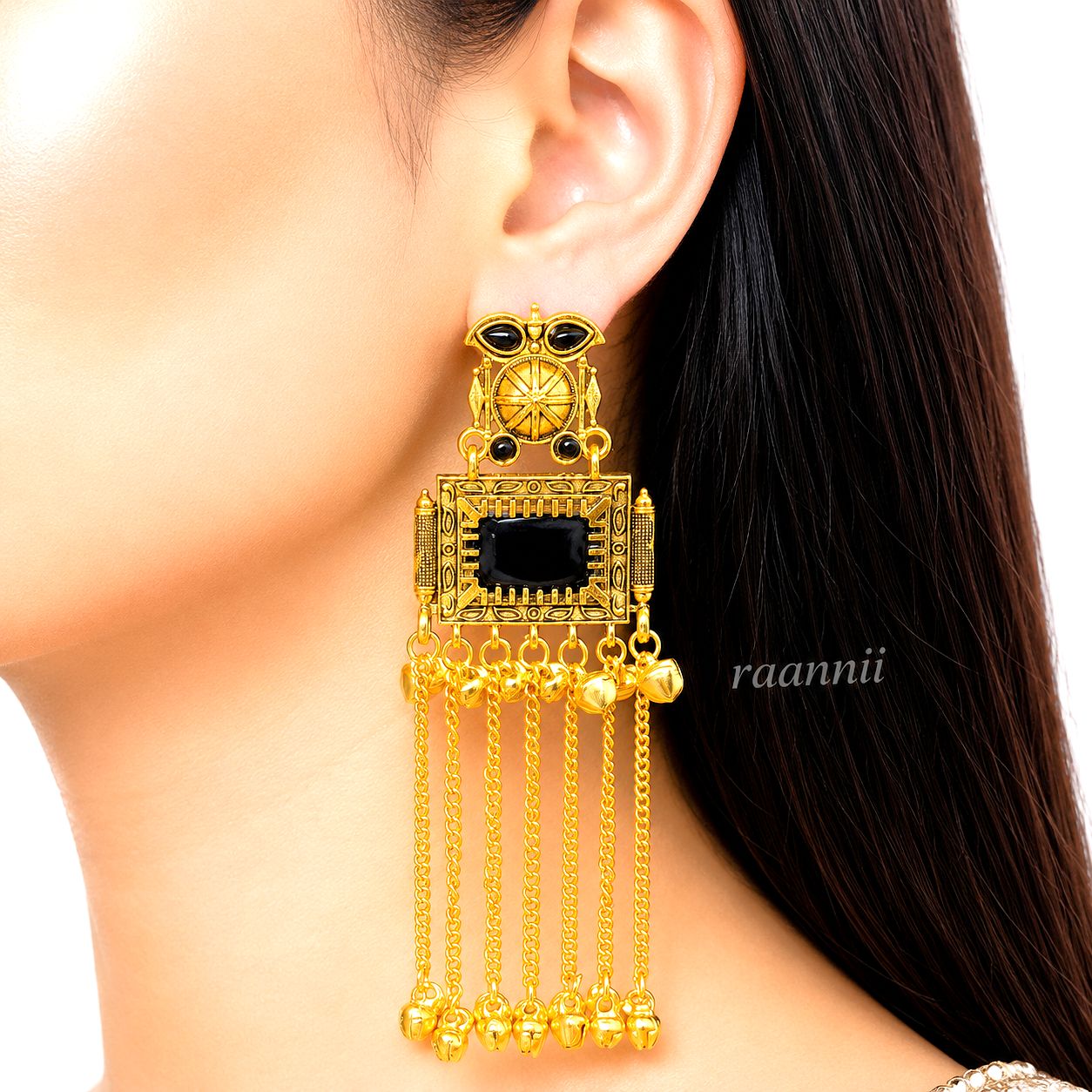 Raannii Earrings – Gold Plated Red Stone Traditional Dangler Earrings with Chain Tassels