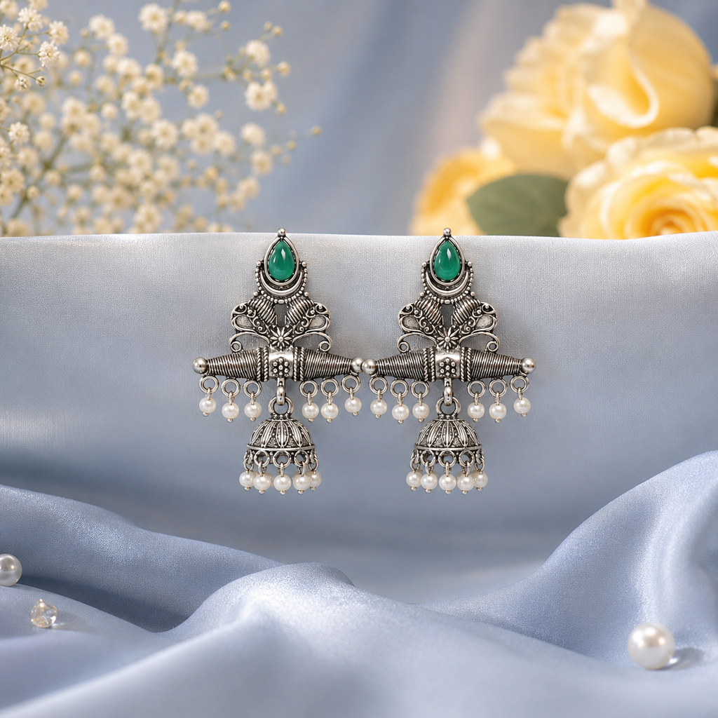 Raannii Earrings Green Stone Oxidised Jhumka Pearl Drop Earrings for Women