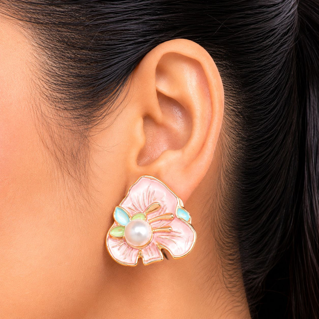 Raannii Pink Floral Pearl Statement Earrings for Women