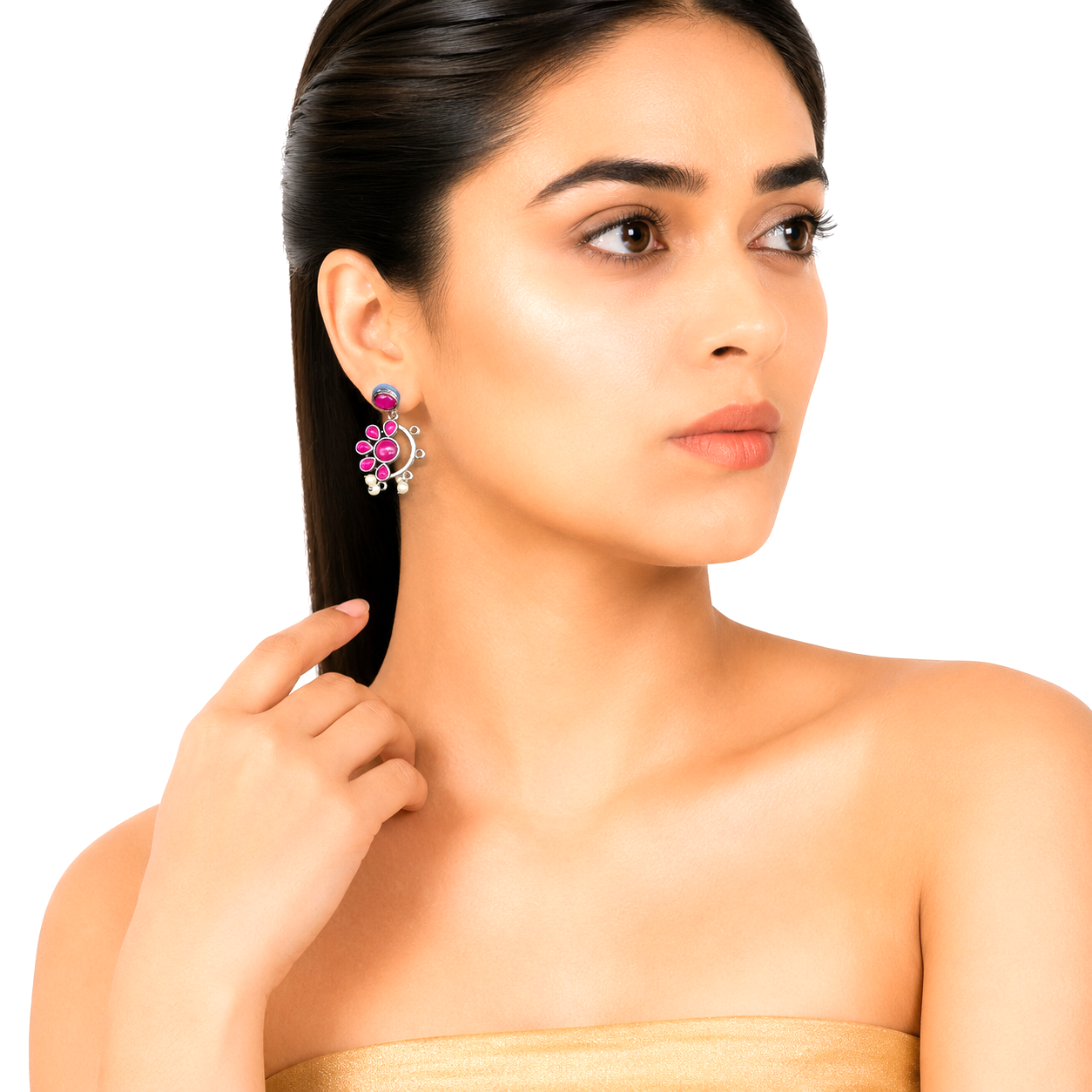 Raannii Earrings Pink Stone Pearl Drop Oxidised Earrings for Women