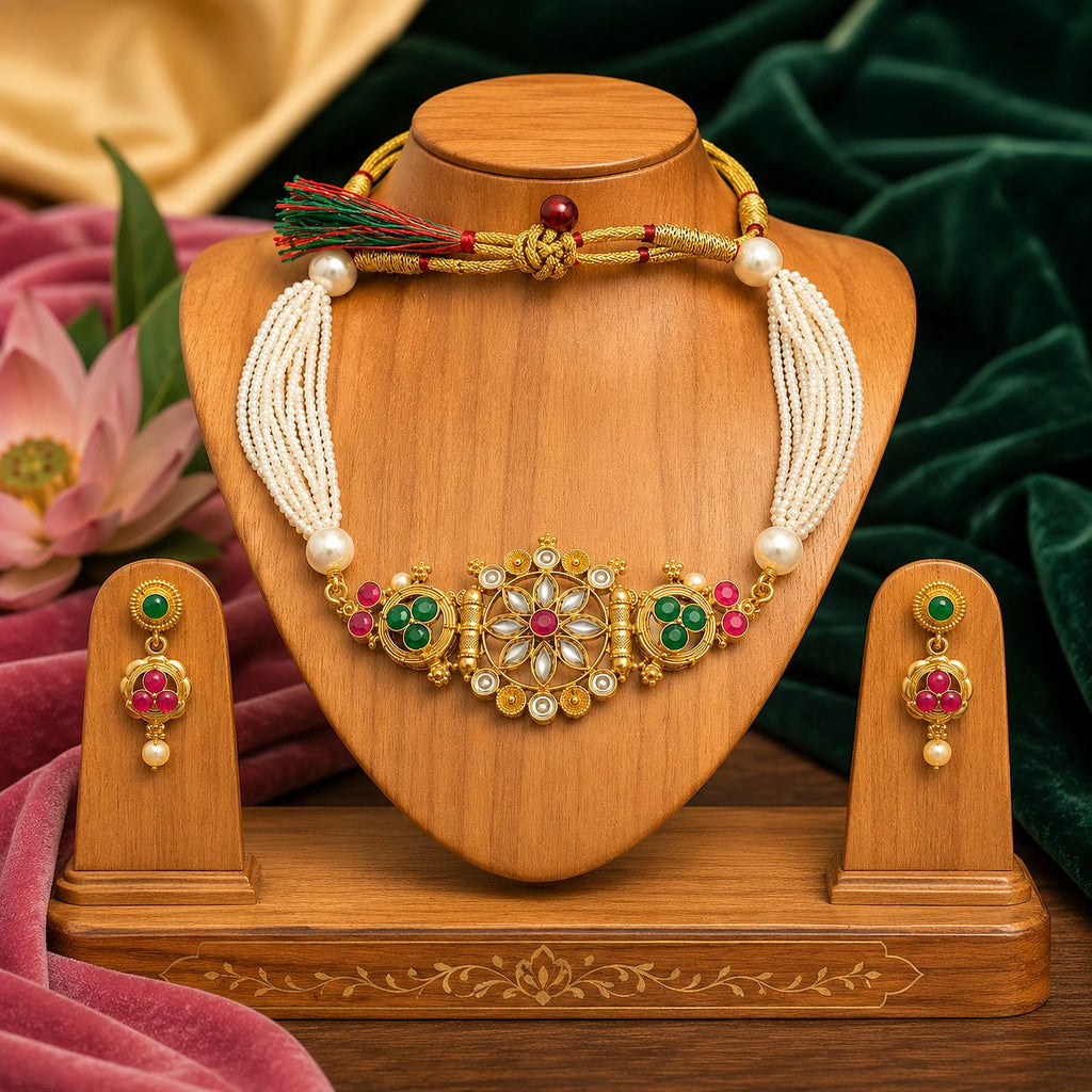 Raannii Floral Pearl Choker Necklace Set