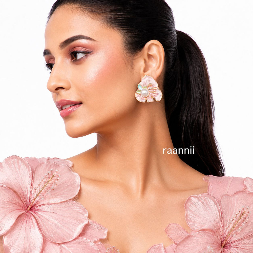 Raannii Pink Floral Pearl Statement Earrings for Women