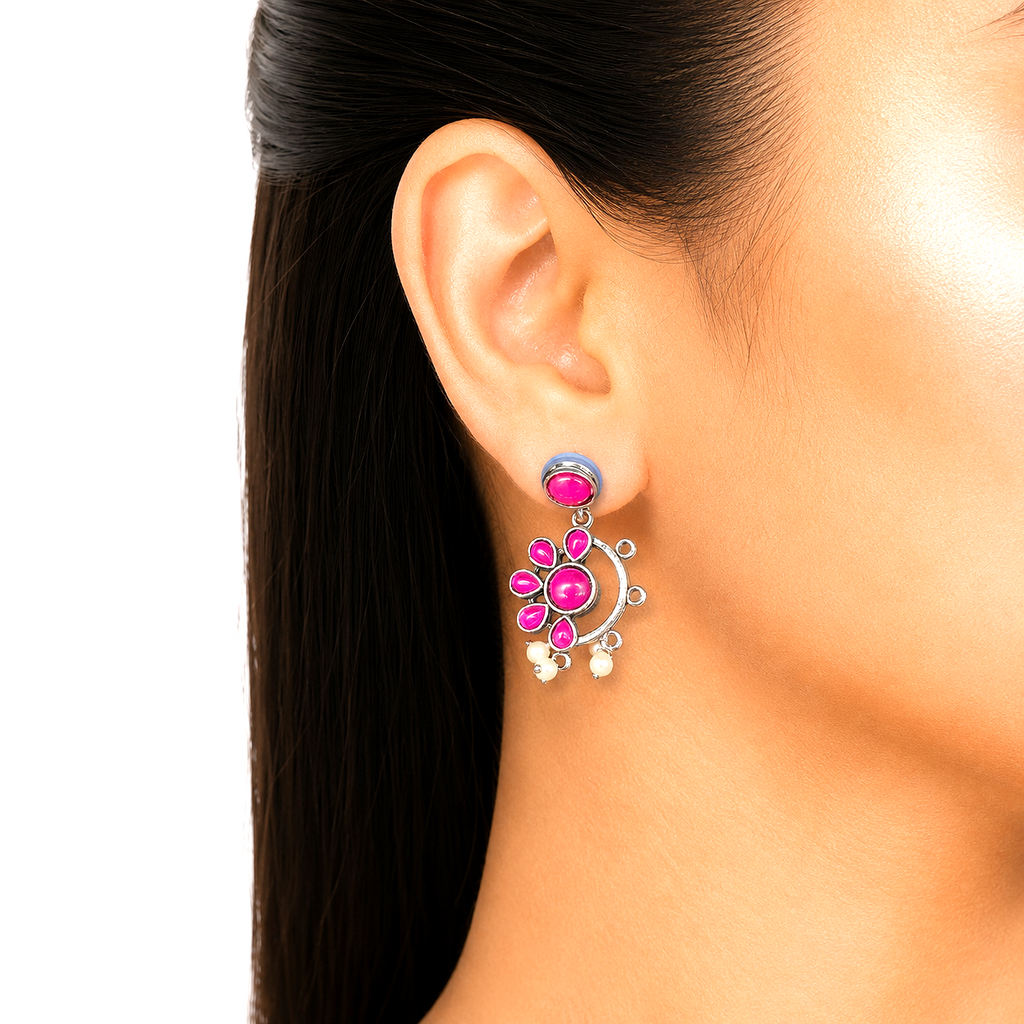 Raannii Earrings Pink Stone Pearl Drop Oxidised Earrings for Women