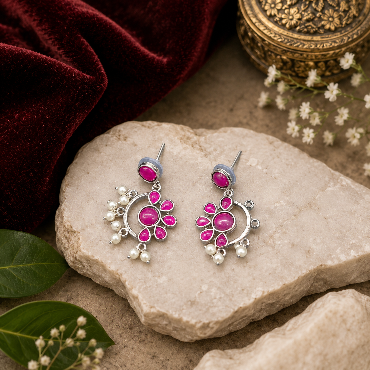 Raannii Earrings Pink Stone Pearl Drop Oxidised Earrings for Women