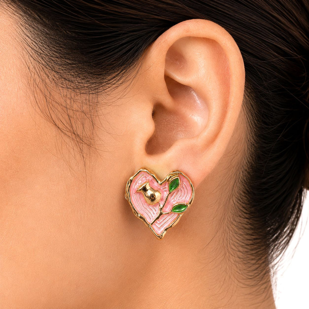 Raannii Pink Heart Bird Statement Earrings for Women