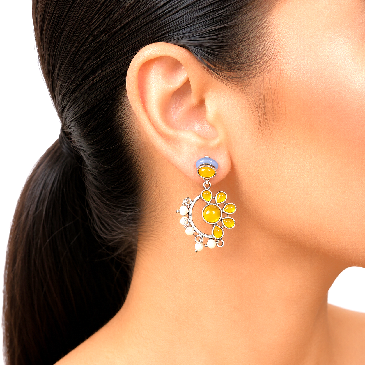 Raannii Earrings Pink Stone Pearl Drop Oxidised Earrings for Women