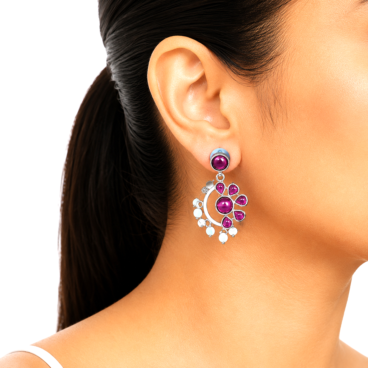 Raannii Earrings Pink Stone Pearl Drop Oxidised Earrings for Women