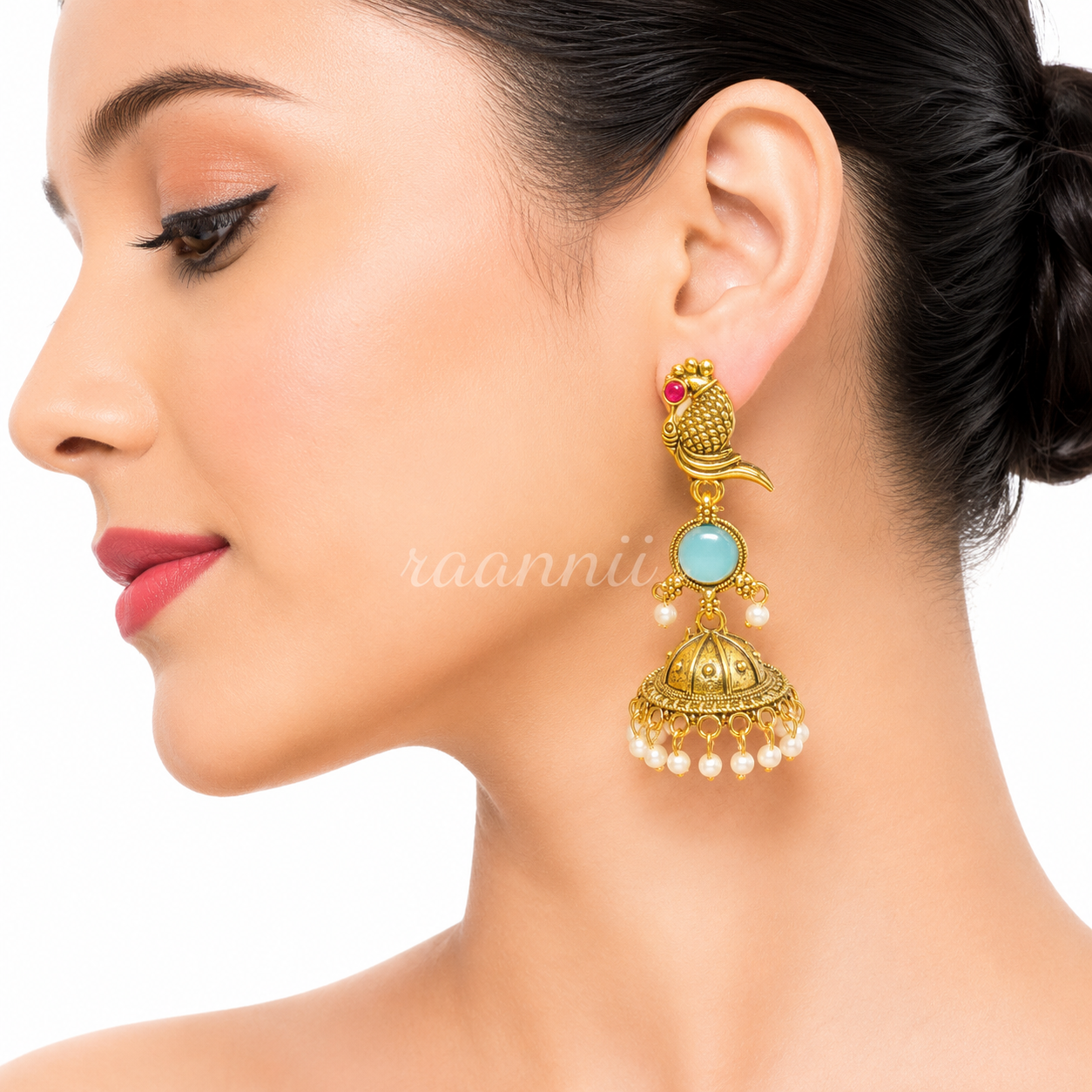 Raannii Earrings Gold Tone Peacock Jhumka with Blue Stone & Pearl Drops
