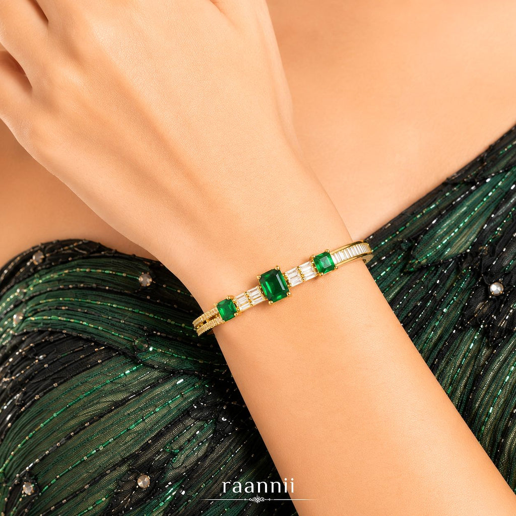 Raannii Bracelet Gold Plated Green Stone Crystal Bracelet for Women Luxury Party Wear Adjustable Bracelet