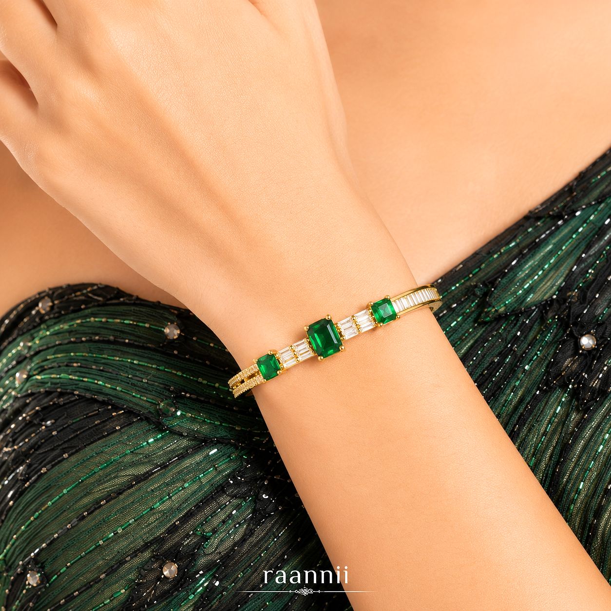 Raannii Bracelet Gold Plated Green Stone Crystal Bracelet for Women Luxury Party Wear Adjustable Bracelet