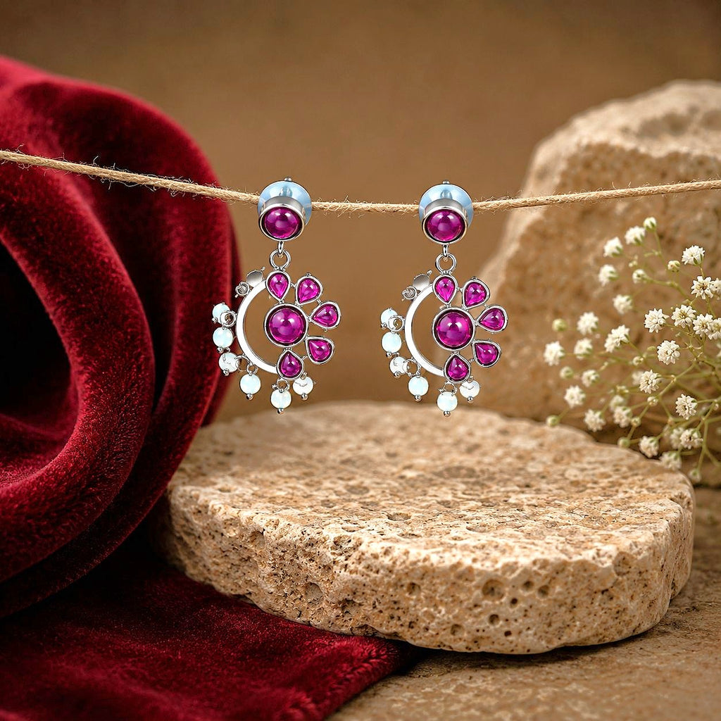 Raannii Earrings Purple Stone Pearl Drop Oxidised Statement Earrings for Women