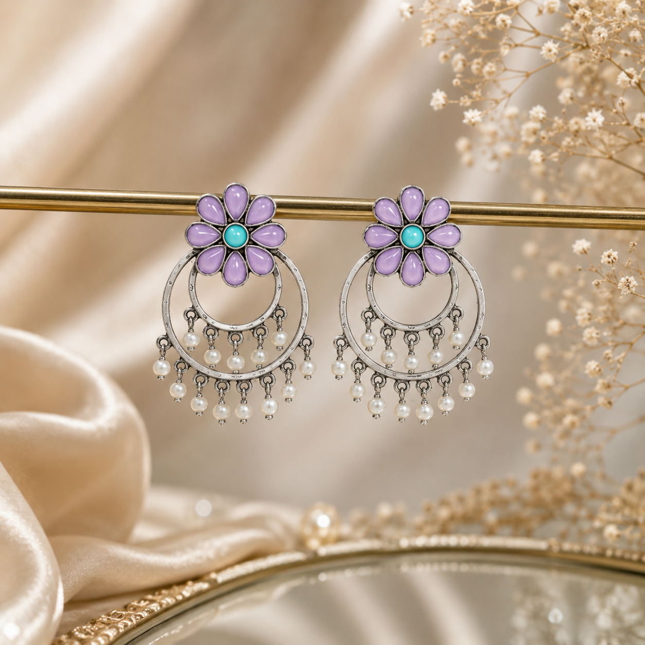 Raannii Earrings Purple Flower Pearl Hoop Drop Earrings for Women