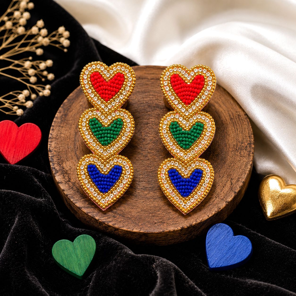 Raannii Multicolor Heart Beaded Statement Earrings