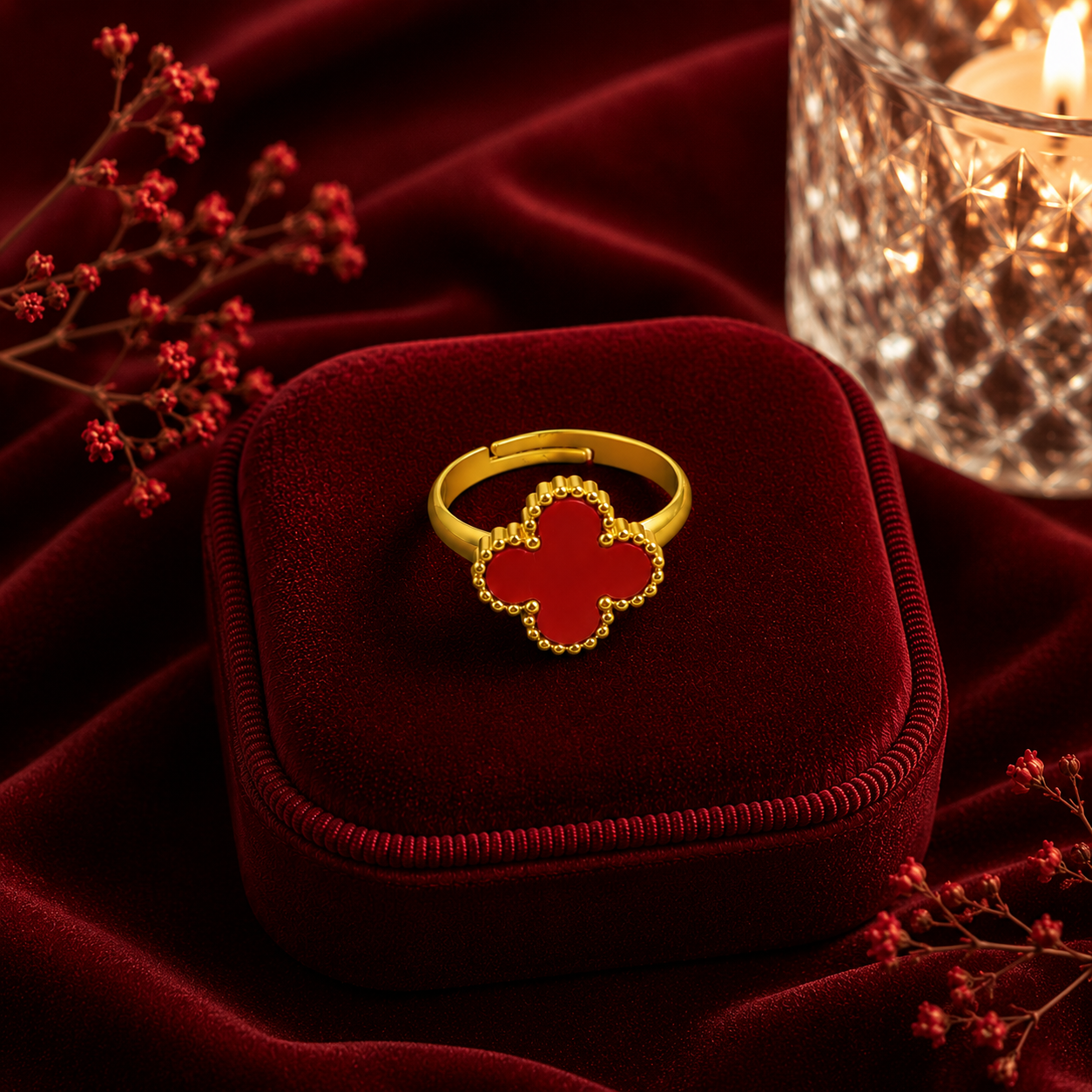 Raannii - Rings Gold Plated Red Clover Adjustable Statement Ring for Women