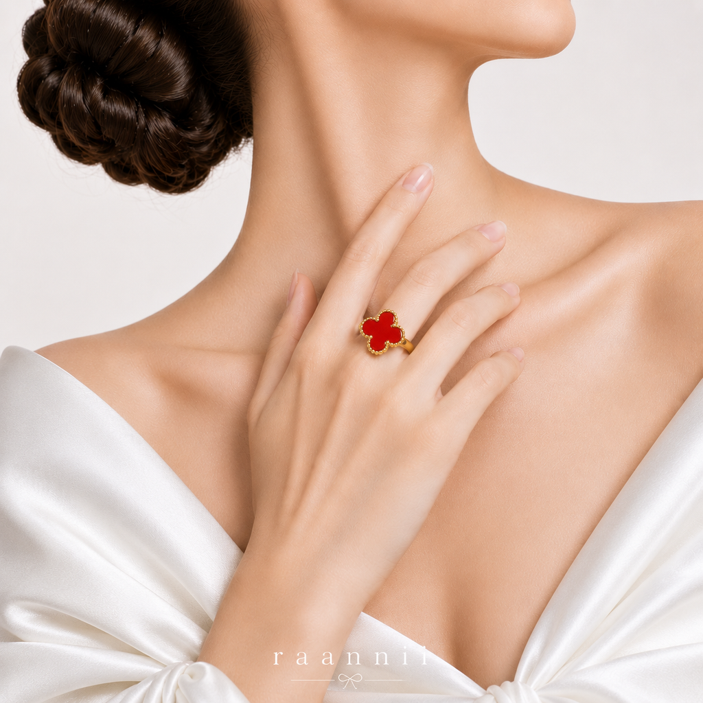 Raannii - Rings Gold Plated Red Clover Adjustable Statement Ring for Women