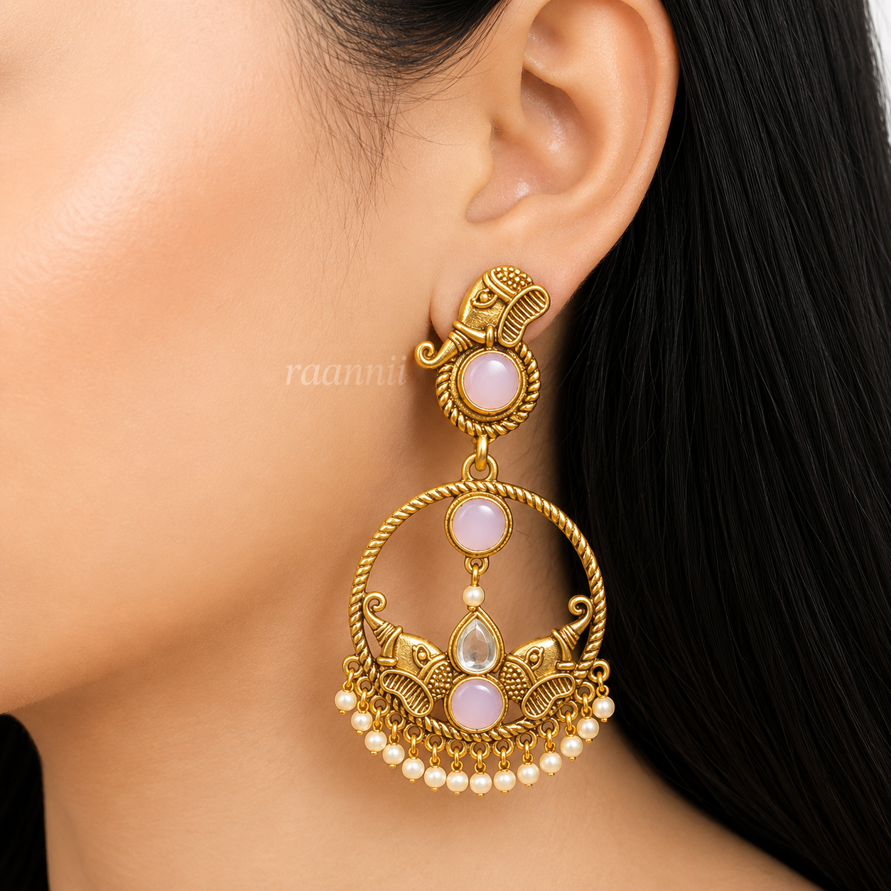 Raannii  Earrings Ruby Tone Traditional Gold Finish Chandbali Earrings