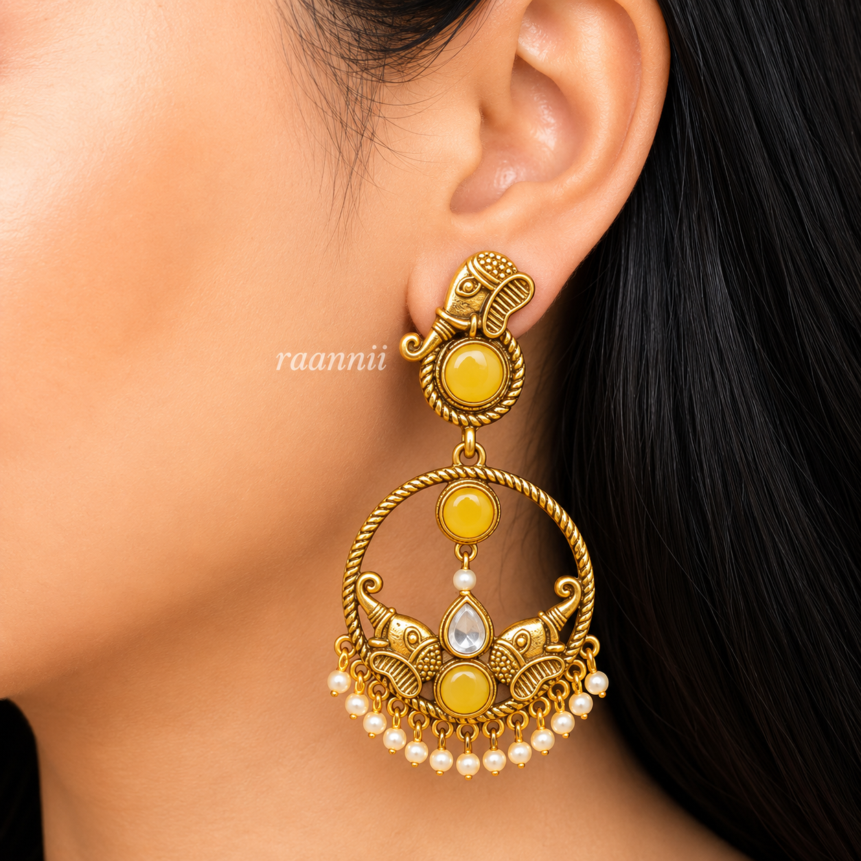 Raannii  Earrings Ruby Tone Traditional Gold Finish Chandbali Earrings