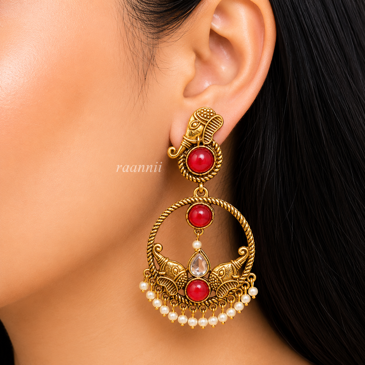 Raannii  Earrings Ruby Tone Traditional Gold Finish Chandbali Earrings