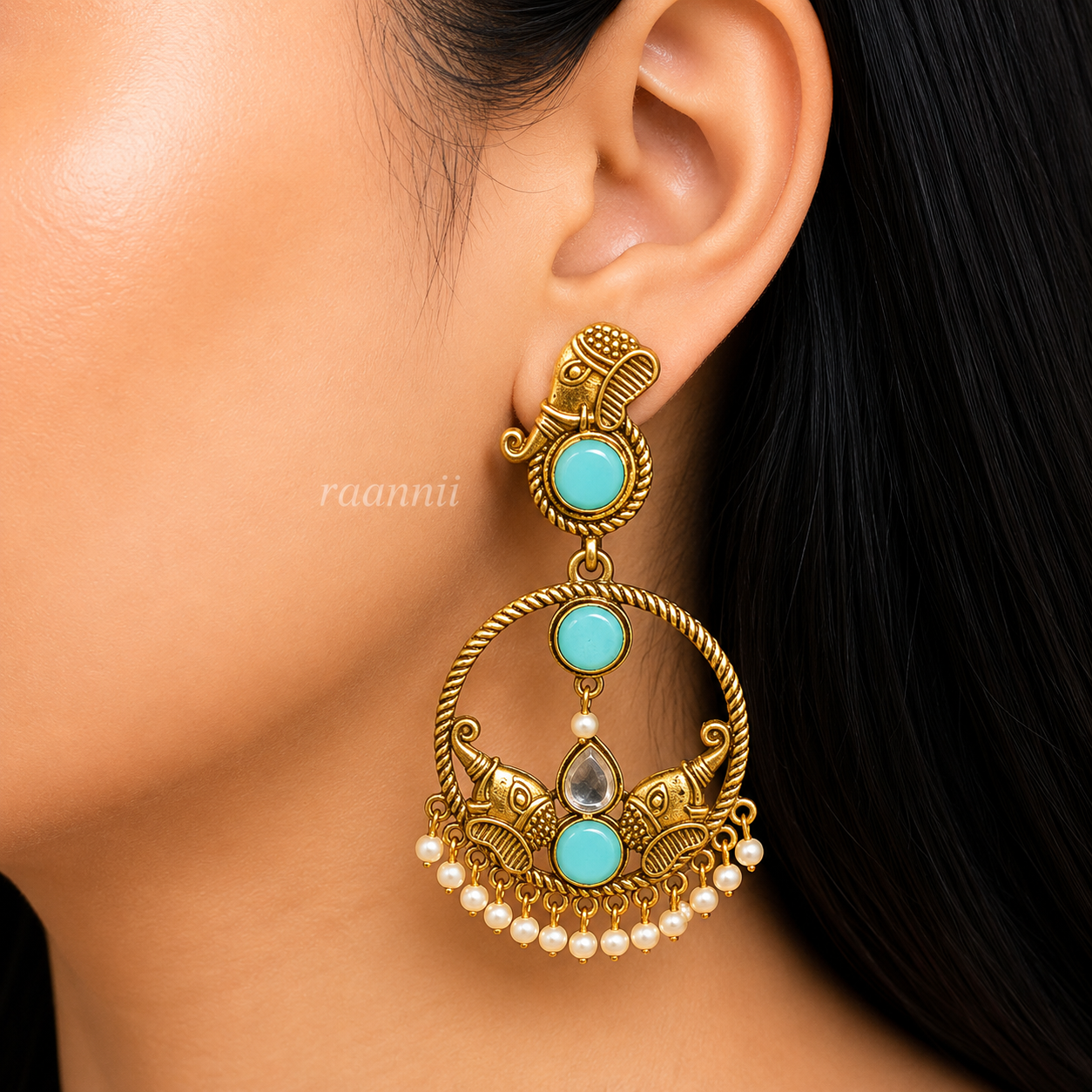 Raannii  Earrings Ruby Tone Traditional Gold Finish Chandbali Earrings