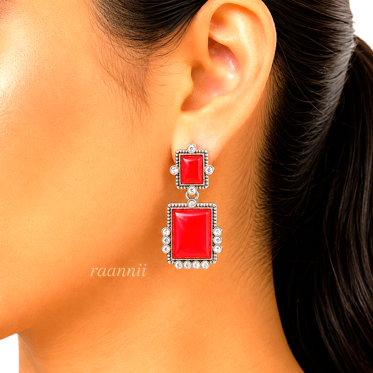 Raannii Earrings Pink Stone Rectangle Drop Earrings for Women