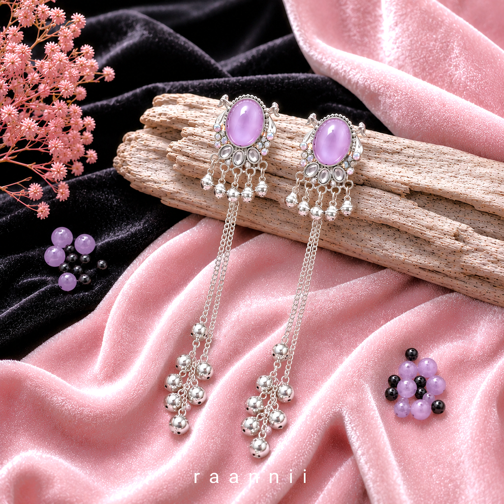 Raannii Pink Stone Kashmiri Long Chain Earrings