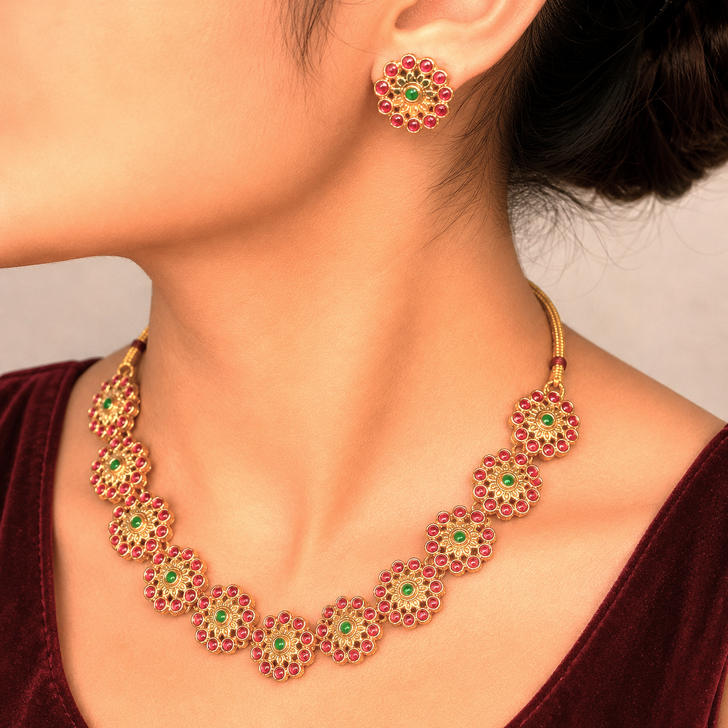 Kundan Red Green Necklace Set for Women | Bridal Wedding Jewelry