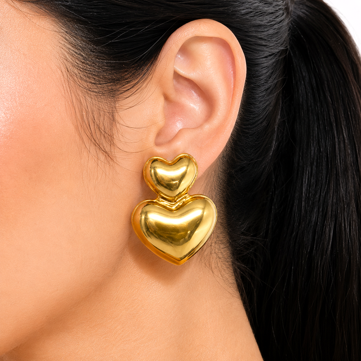 Raannii Minimal Gold Heart Drop Earrings (Elegant Double Heart Design)