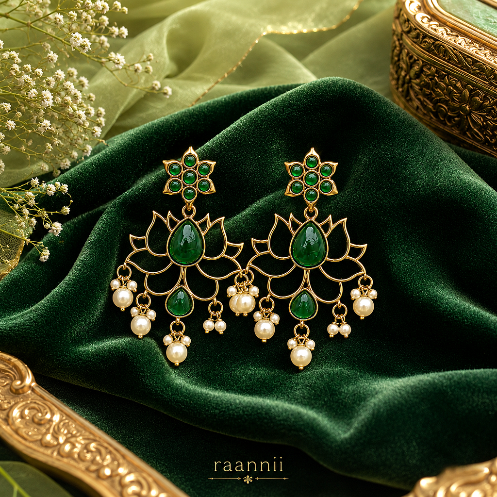 Raannii Green Lotus Earrings – Gold Plated Pearl Drop Statement Earrings