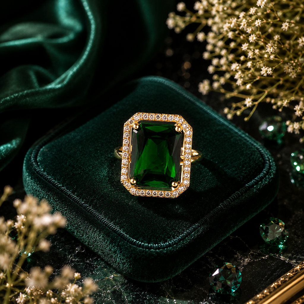 Raannii Rings - Gold Plated Green Crystal Rectangle Statement Adjustable Ring for Women