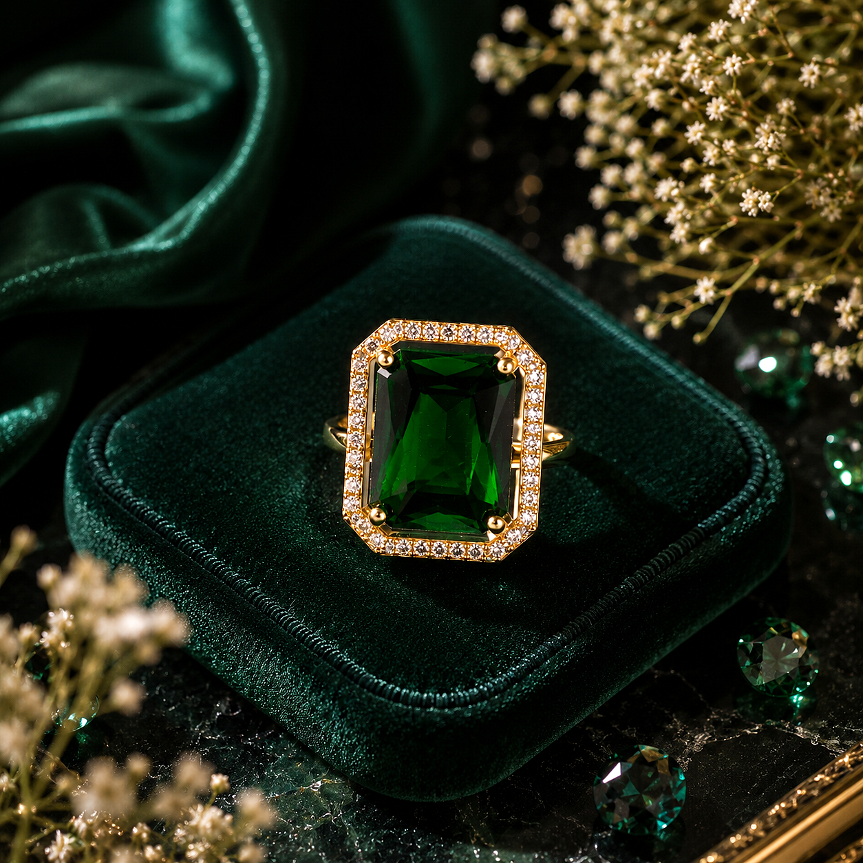 Raannii Rings - Gold Plated Green Crystal Rectangle Statement Adjustable Ring for Women
