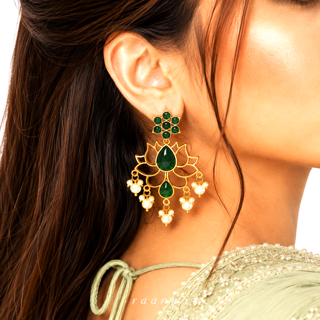 Raannii Green Lotus Earrings – Gold Plated Pearl Drop Statement Earrings