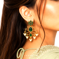 Raannii Green Lotus Earrings – Gold Plated Pearl Drop Statement Earrings