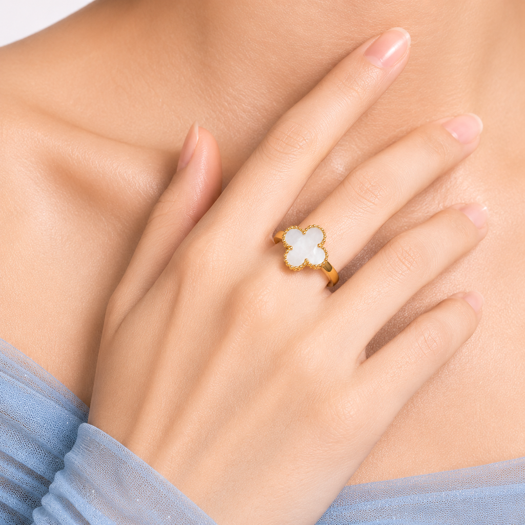 Raannii - Rings Gold Plated White Clover Adjustable Statement Ring for Women