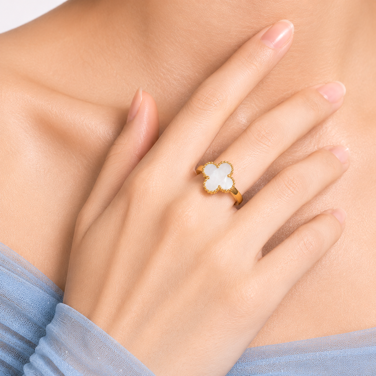 Raannii - Rings Gold Plated White Clover Adjustable Statement Ring for Women