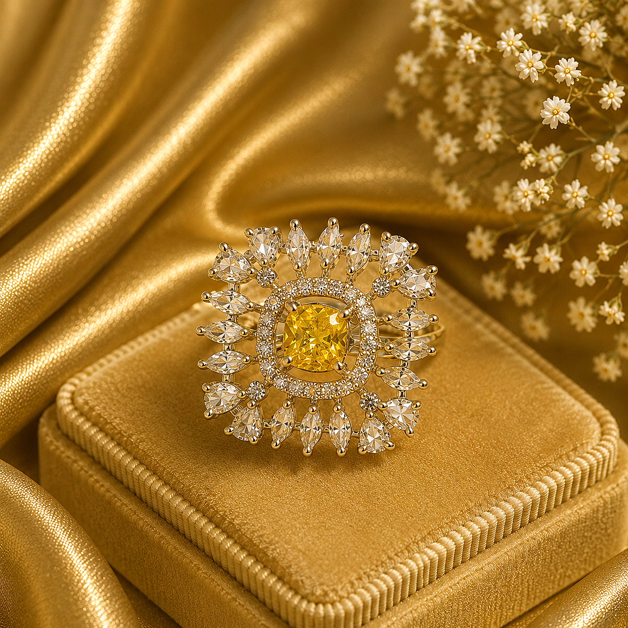 Raannii - Ring Gold Plated Yellow Crystal Sunburst Statement Adjustable Ring for Women